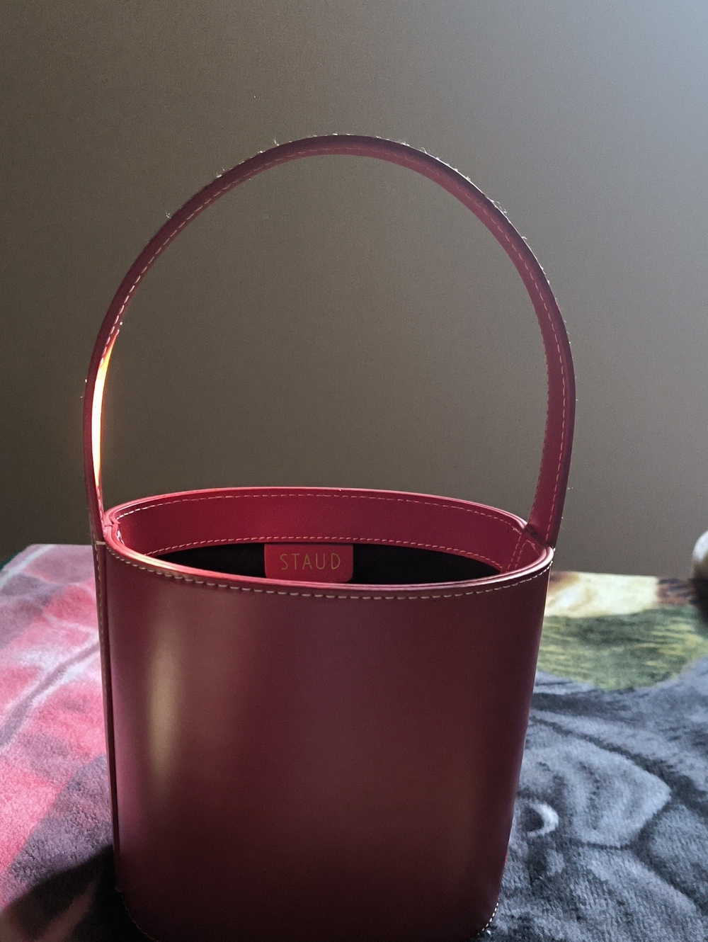 STAUD Wine-Red Leather Bucket Bag Without Strap